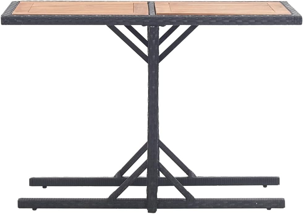 Stylish Rustic Patio Dining Table, Sturdy Patio Table with Steel Frame, Weather Resistant Coffee Table for Backyard or Living Room, Patio Table Black Solid Acacia Wood and Poly Rattan