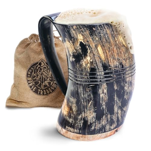 Image of Norse Tradesman Viking Drinking Horn Mug - Darker Color Horn - 100% Authentic Beer Horn Tankard With Hardwood Bottom & Ring Engravings | The Eternal, approx. 24 oz