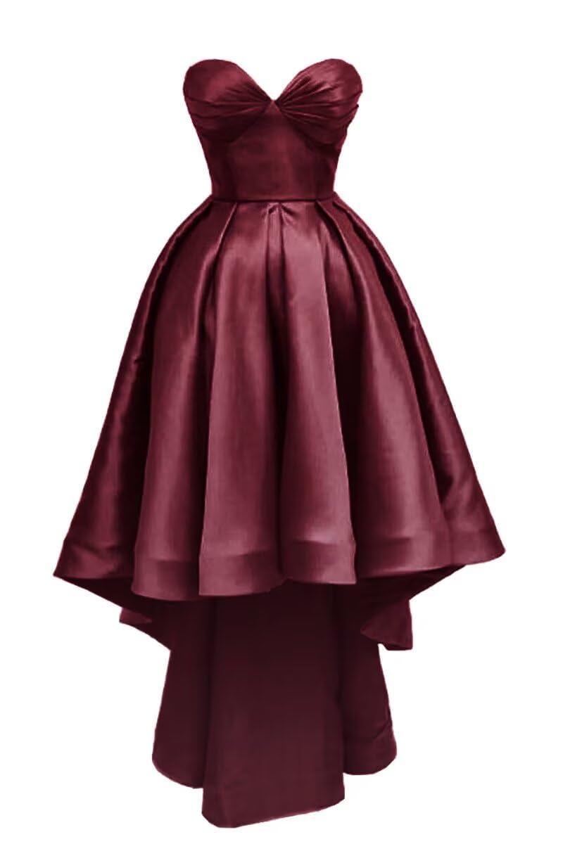Hppee Women's Burgundy Prom Dresses For Teens Strapless High Low Satin Homecoming Dress A Line Formal Party Gown Uk8