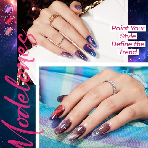 Image of modelones Glitter Cat Eye Gel Nail Polish Kit with Magnet, 6 Colors Blue Green Purple Brown Red Orange Colorful Holographic Nail Polish Set, UV Cure Gel for DIY Manicure at Home Gift for Women
