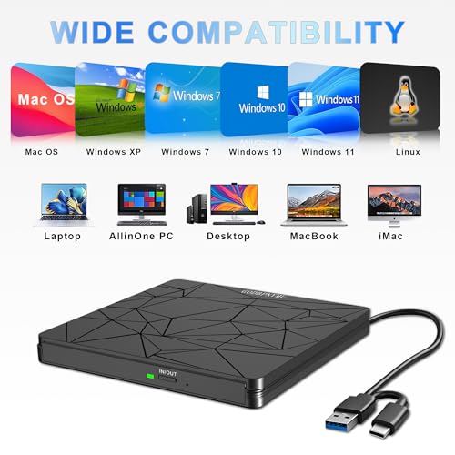 Image of External DVD Drive USB 3.0 USB-C CD Burner CD /DVD Player Optical Drive, Portable CD DVD Disc Copier for Laptops and PC Compatible with Windows 7 /8 /10 /11, Linux, and Mac OS