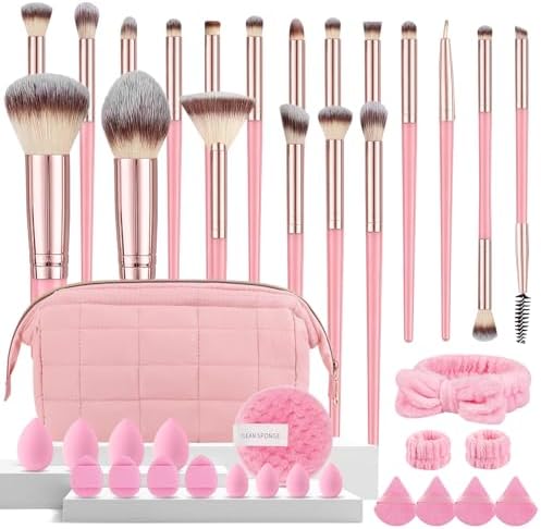 40Pcs Pink Makeup Brushes Set with Organizer Bag, Professional Mu...