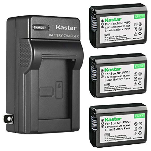 Kastar 3-Pack NP-FW50 Battery and AC Wall Charger Replacement for Sony NEX-C3, NEX-C5, NEX-F3, SLT-A33, SLT-A35, SLT-A37, SLT-A55, Cyber-shot DSC-RX10, Cyber-shot DSC-RX10 II, Cyber-shot DSC-RX10M2