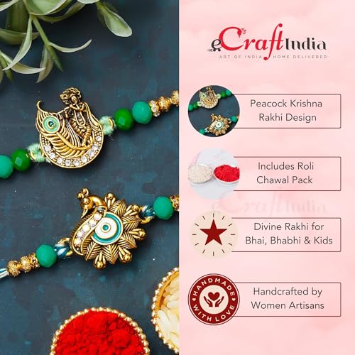Image of eCraftIndia Set of 2 Peacock Krishna Rakhis | Best Bro Ever Fridge Magnet | Roli Chawal Pack | Designer Rakhi for Brother Bhaiya Bhai Bhabhi Kids