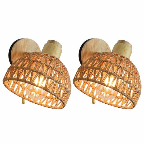 XIOXJK Applique Murale, Lampe Murale en rotin Naturel avec Interrupteur, Applique Murale de Chevet Pliable, Abat-Jour en Osier tissé à la Main, Lanterne Murale à Angle réglable, éclairage