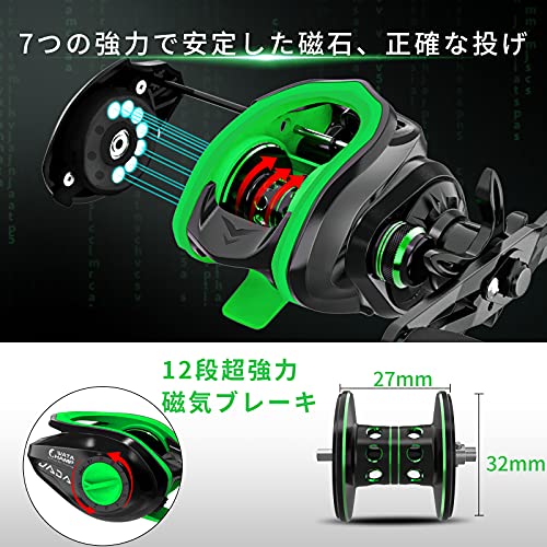ワタチャンプ(WATA CHAMP) ベイトリール JADA【2021モデル】 軽量 12段マグネットブレーキ ドラグ力8kg 10+1BB ハイギア比8.1:1 遠投リール バス釣り 海釣り 淡水釣り汎用 右ハンドル 黒緑 4枚目
