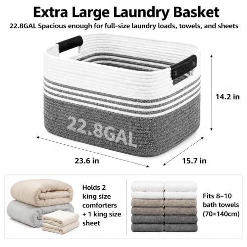 Image of 22.8GAL Xl Extra Large Laundry Basket for Bathroom, Dorm Dirty Clothes, Sturdy Portable Aesthetic Boho Cute Woven Storage Shoes Blanket Baskets for Living Room Decor Girls Boys Pets Toys Mix Black