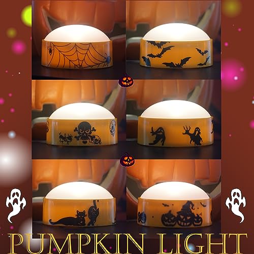 Image of 6 Halloween Battery LED Jack-O-Lantern Pumpkin Lights with Remote Decals | CANDLE CHOICE Battery Operated Flameless Candles with Remote and Timer for Halloween Pumpkin Decoration Orange Color 6 Pack