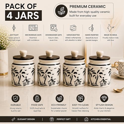 Image of Ceramic Kitchen Jars for Storage | Air Tight Containers with Wooden Lids | Masala, Salt, Pickle, Dry Fruits & Multi Utility Items Organiser Set (Hand-Painted, Black Hut, 450 ML, Pack of 4)