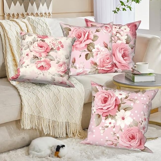 4 Pcs/Set Floral Pillow Covers Pink Rose Flowers Green Leaves Vintage Watercolor Blooming Plants Romantic Valentine Throw Pillow Covers for Outdoor Couch Sofa Bedroom Decor, 16x16