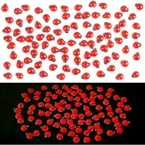 KIMOBER 100PCS Mini Luminous Ladybug Miniature Figurines,Glow in Dark Resin Animals Ladybug Figures for Fairy Garden Micro Landscape Decor Cake Topperr Cover