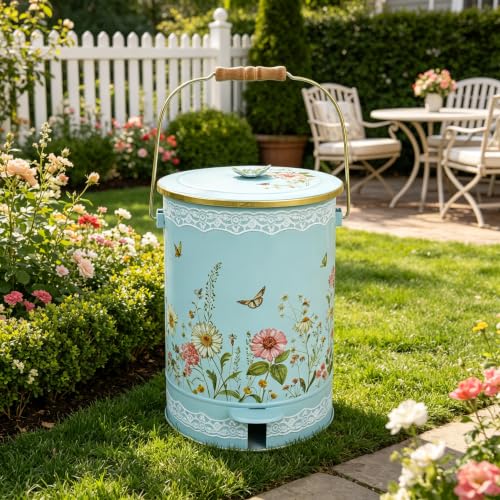 Image of White Floral Metal Step Trash Can with Lid, 8L Vintage Butterfly & Wildflower Decorative Waste Basket with Handles for Bathroom, Bedroom, Kitchen, 14.57 inch x 9.84 inch