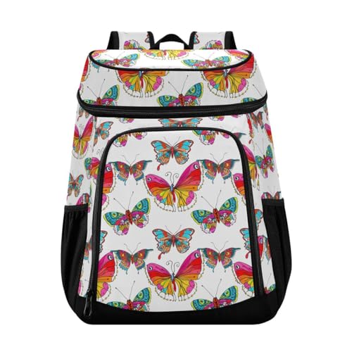 Colorful Butterfly White Cooler Backpack Leakproof Insulated Lunch Cooler Bag 30 Cans Camping Backpacks for Beach Road Trip Picnic