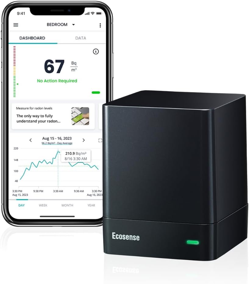 Ecosense EQ100 EcoQube, Digital Radon Detector, Fast Capture of Fluctuating Levels, Short & Long-Term Continuous Monitoring with Trend Charts, Remote Data Access, Wi-Fi Supports 2.4 GHz Networks Only