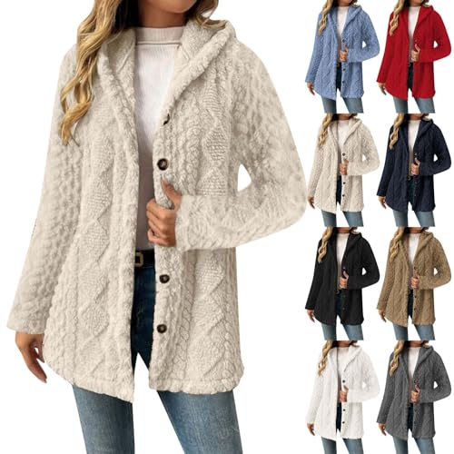 RRMuAzgs Womens Coats Fall Fashion 2025 Fleece Jacket for Women Winter Warm Button Down Hooded Coat Casual Soft Lightweight Fall Teddy Outerwear Fuzzy coats Beige L