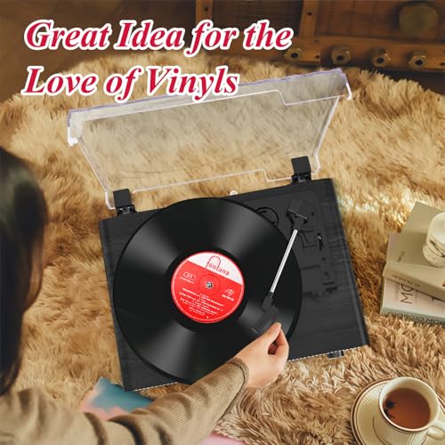 Image of Vinyl Record Player with Built-in Speakers,3 Speed Turntable with Bluetooth 5.3, AUX Input, Headphone Jack, RCA Output and Auto Stop, Mirror Vintage Wooden Black