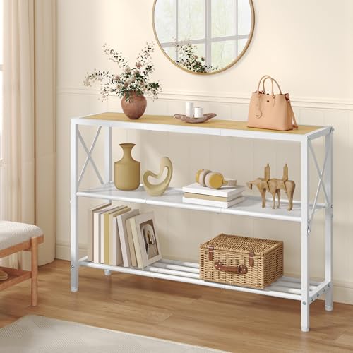 Image of Hoctieon Industrial Console Table, 3 Tier Entryway Tables, Hallway Desk, Narrow Sofa Tables with Shelves, Entrance Table for Entryway, Living Room, Foyer, Hallway, Office, Oak Beige