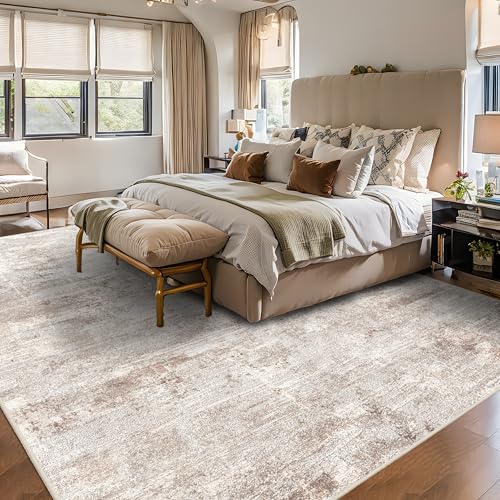 RUUGME 9X12 Abstract Area Rug:Large Washable Living Room Rug Indoor Non Slip Low Pile Carpet for Bedroom Soft Foldable Stain Resistant Distressed Thin Rug for Dining Room Kitchen 9X12 Brown
