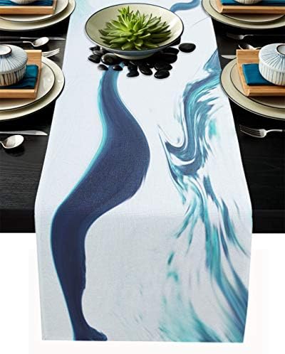 Olivefox Linen Burlap Table Runner 13x70 Inches Long, Abstract Water Waves Teal Farmhouse Table Cloth Dresser Scarf for Holiday Parties, Dining Room, Home Kitchen, Wedding Decorations