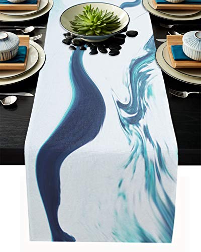Olivefox Linen Burlap Table Runner 13X70 Inches Long, Abstract Water Waves Teal Farmhouse Table Cloth Dresser Scarf For Holiday Parties, Dining Room, Home Kitchen, Wedding Decorations #TOP22