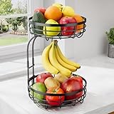 Sakugi Fruit Basket for Kitchen Counter - 2-Tier Large Capacity Fruit Bowl with Detachable Banana Hanger, Rust-Proof Metal Fruit Holder for Vegetables, Bread, Toiletry,10' D x 10' W x 14' H, Black