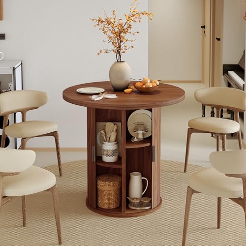Nalupatio 31.5 Inch Round Dining Table for 2 Versatile Two-Person Kitchen Table with Half-Open Storage Shelf & Sliding Door Modern Farmhouse Circle Dinner Table for Dining Room Living Room Walnut