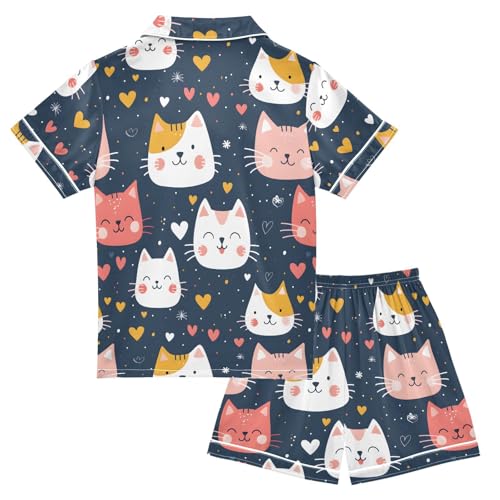 ALAZA Cat Love Heart Black Satin Pajamas Set Short Sleeve Button Down Sleepwear Summer Pjs 2 Piece2