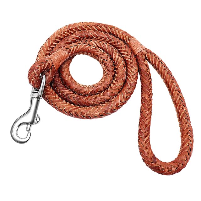 QIUMING 1Pcs 4ft Genuine Leather Dog Leash Soft Real Leather Pet Leash Rolled Braided Dogs Pet Lead for Puppy Small Dogs Walking Brown