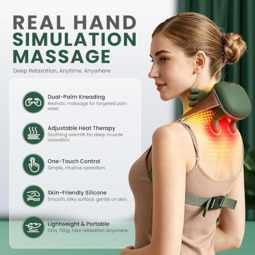 Image of AJIGNA MART Bionic Heated Massager, Wireless Portable Shiatsu Neck and Back Massager, Electric Deep Tissue 4D Kneading Massage, Simulated Human Hand Design for Pain Relief and Muscle Relax