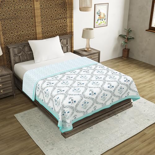 Image of BLOCKS OF INDIA Hand Block Printed Cotton Single Size Reversible Malmal Dohar for Summer (Turq BEL)