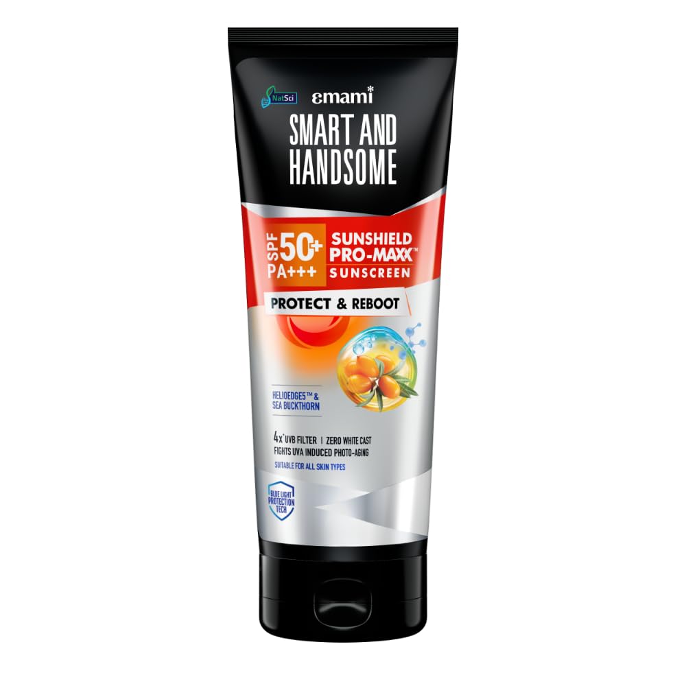 Smart And Handsome Sunshield Promaxx Sunscreen, Spf 50+ Pa+++, Protect & Reboot, 50g, Sea Buckthorn Extract + Helioedge5™ Technology, Zero White Cast, Dermatologically Tested, Suitable For All Skin Types
