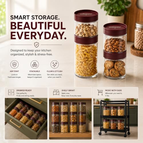 Image of CELLO Modustack Pet Storage Jar For Kitchen Set of 9 Pcs (1000ml x 2, 750ml x 2, 500ml x 5) Maroon | Freezer & Fridge Safe, Airtight Pet Kitchen Storage Box Container For Beans, Whole Grains, Spices