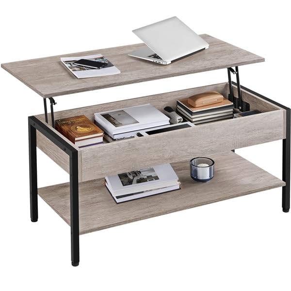 Yaheetech Table Basse avec Plateau Relevable Table de Salon avec Compartiment Caché en Bois MDF Gris 104,5X 49,5 x 47 cm
