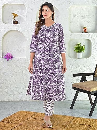 Image of GoSriKi Women's Cotton Blend Straight Printed Kurta with Pant & Dupatta (Nihira Purple-STN-GS 5XL Purple XXXXX-Large)