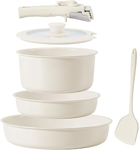 MSMK 6-Piece Ceramic Cookware Set with Detachable Handle, White Non-Stick Pots and Pans, Induction Compatible, Stackable Cooking Pot Set, Non Toxic PFOA Free, Oven Safe