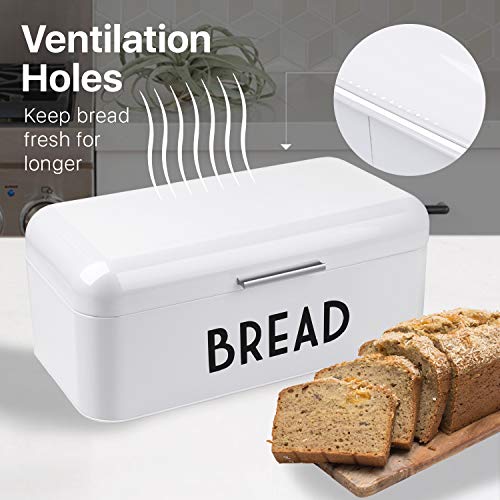 Flexzion Metal White Bread Box For Kitchen Countertop, Vintage Bread Holder For Rustic Kitchen, Bagel Bin Loaf Storage Keeper, Sliced Bread Container With Butter Dish And Butter Knife #TOP2