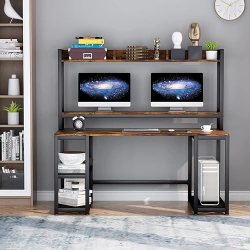 Image of Office Desk with Storage Shelves 140cm, Computer Desk with Bookshelf & Side Racks, Metal Frame Study Table for Home Office|Rustic Brown Color (140 x 60 x 150 CM) |DIY