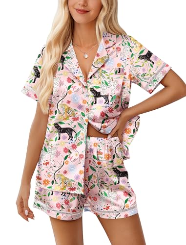 Ekouaer Womens Silk Pajama Sets Button Up Satin Pjs Short Sleeve 2 Piece Cute Loungewear Notch Collar with Chest Pocket