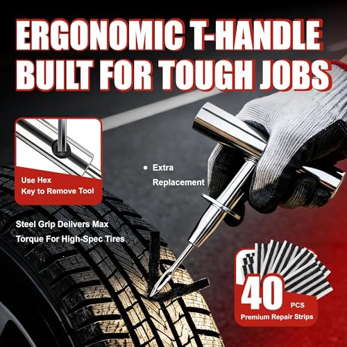 Image of AWELCRAFT 68-Piece All-in-One Heavy Duty Tire Plug Kit - Professional Tire Repair Set, T-Handle Tools, Valve Kit, 40 Plugs, Pliers, Knife - Universal for Car