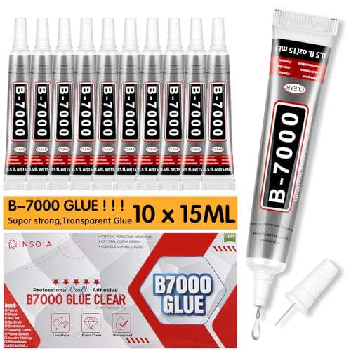 10 PCS 15ml B7000 Rhinestone Glue Clear Super Glues for Bedazzling with Precision Tip Quick Dry No Trace Flexible Adhesive for Jewelry Making Nail Art Fabric Shoe DIY Craft & Phone Repair