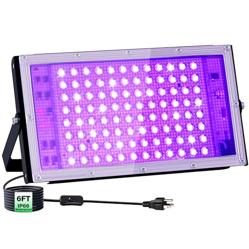 Image of 100W LED Black Light 385-400nm Blacklight Flood Light for Neon Glow Party, IP66 Waterproof 6FT Power Cord+Plug+Switch for Outdoor Spotlight Stage Fluorescent Poster Halloween Body Paint