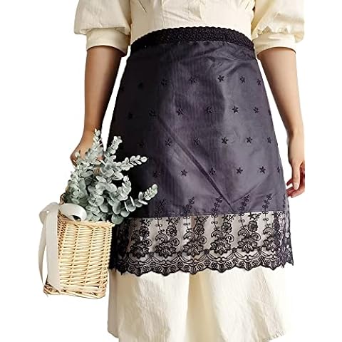 Small snail Women Short Waist Apron, Vintage Polyester Pinafore Lace Half Waterproof Aprons for Flower Shop Restaurant Café Pottery Casual Sleeveless Apron(Black) Cover
