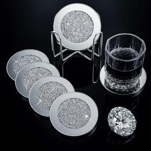7-teiliges Glas-Untersetzer-Set, 6 Stück Silberne zerkleinerte Kristall-Untersetzer mit Halter für Getränke, Glitzer, zerkleinerte Diamant-Dekoration auf Tischplatte für Zuhause, Tisch, Bar-Zubehör
