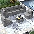 VONZOY Outdoor Patio Furniture Set 7 Pieces Sectional Rattan Sofa Set, PE Wicker Patio Conversation Set with 6 Seat Cushions and 1 Tempered Glass Table and Furniture Cover, Grey