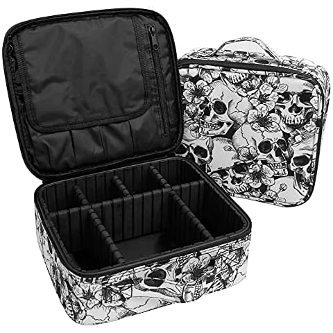 9CH Goth Makeup Bag Organizers, Skull Large Travel Makeup Train Case with Adjustable Dividers for Women, Skull Floral, Portable Goth Makeup Bag Cover