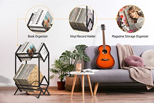 Vinyl Record Storage Holder, Holds up to 160-200 LPs, Metal Vinyl Record Organizer Stand, Simple/Functional/Easy Assembly, Classical Design for Files/Book/Magazine Record Rack (Black 2 Tier) - Thumbnail 6