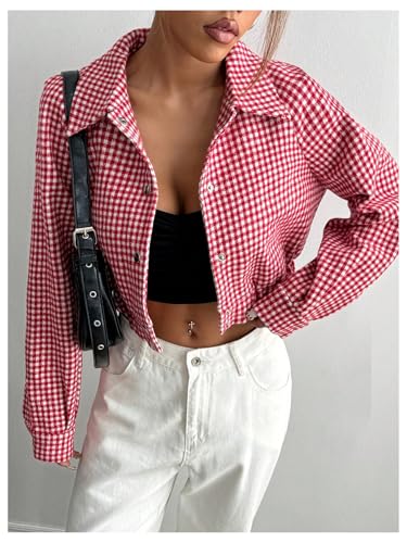 SHENHE Women's Cropped Bomber Jacket Houndstooth Button Down Crop Plaid Shacket Jacket4