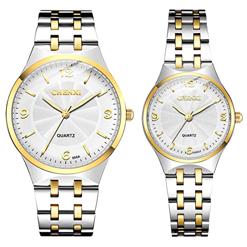 JewelryWe 2pcs Paar Uhren Quarz Analog Partner Freundschafts Armbanduhr Business Casual Uhr mit Gold Silber Edelstahl Armband und weißem Zifferblatt,...