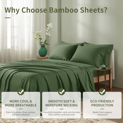 Image of Shilucheng 6 Piece Queen Sheet Sets, Cooling Sheets, Blend Rayon Derived from Bamboo, Deep Pocket Up to 16 inch, Breathable & Soft Bed Sheets, Hotel Silky Bedding Set, Olive Green