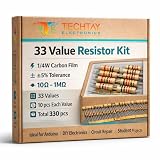 Techtay Electronics 33 Value Resistor Kit (10Ω–1M5) 1/4W Carbon Film ±5% Tolerance – 330 pcs Assorted Through Hole Resistors for Breadboard, DIY Electronics, Microcontroller Projects (33, 330)
